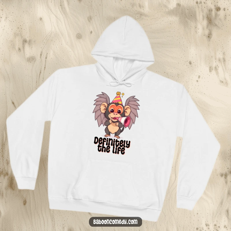 Funny baboon hoodie showing a celebration vibe, wearing a party hat and noisemaker, a fantastic funny gift idea.