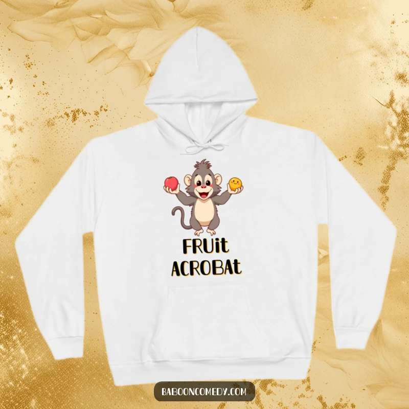 Funny baboon hoodie depicting a happy primate artfully juggling three juicy fruits, perfect for staying warm and entertained.