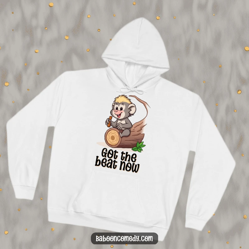 Funny baboon hoodie depicting a drumming character, offering cozy warmth and musical vibes, a fun funny gift.