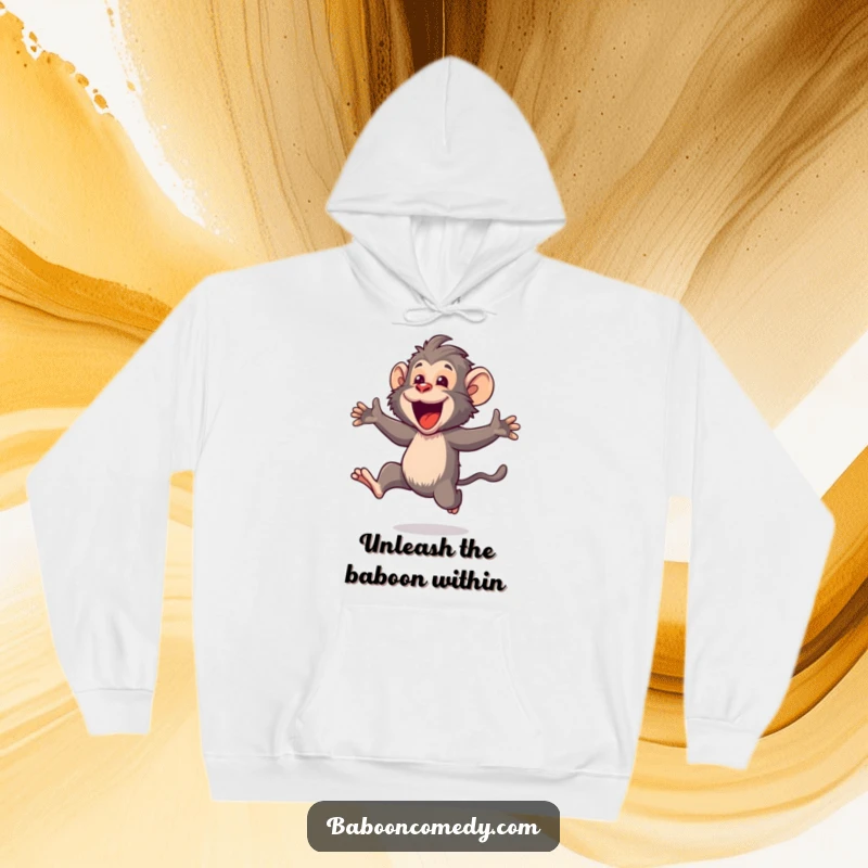 Funny Kawaii baboon hoodie, showing a cute primate joyfully leaping with an open mouth, embodying pure, uninhibited delight.