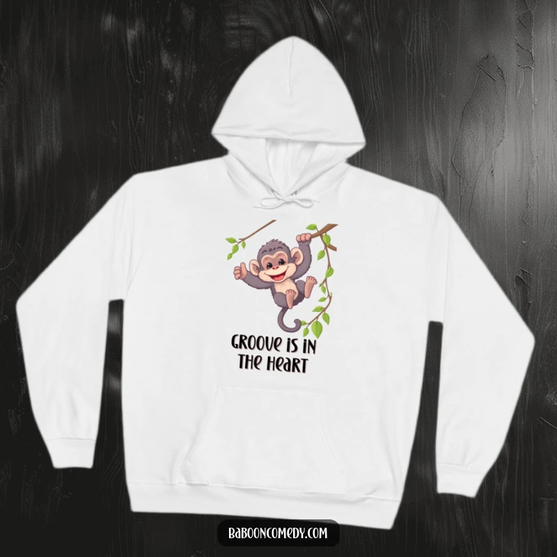 Funny hoodie depicting a mischievous baboon swinging joyfully from a vine, capturing wild, carefree fun.