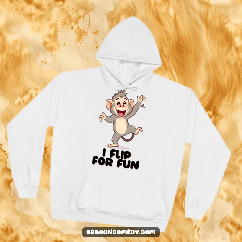 Funny hoodie featuring a joyful baboon performing a cartwheel with a happy flourish, radiating primate energy and comedic acrobatics.