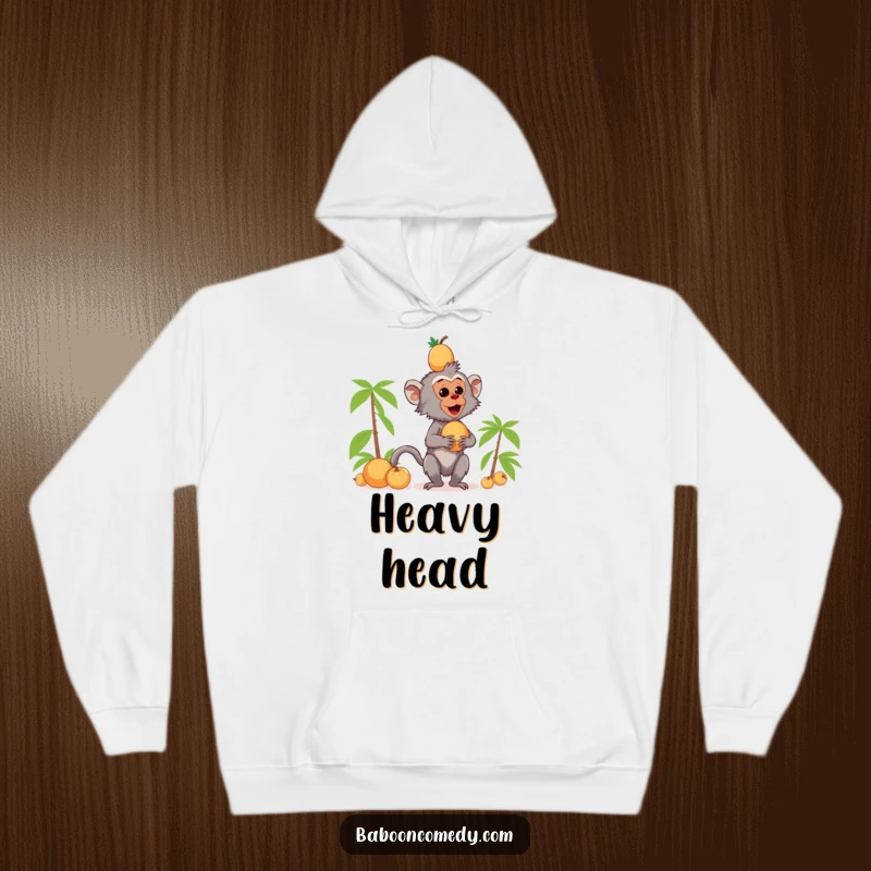 Funny kawaii baboon hoodie graphic showing a primate toppling a stack of coconuts from its head, pure hilarity.