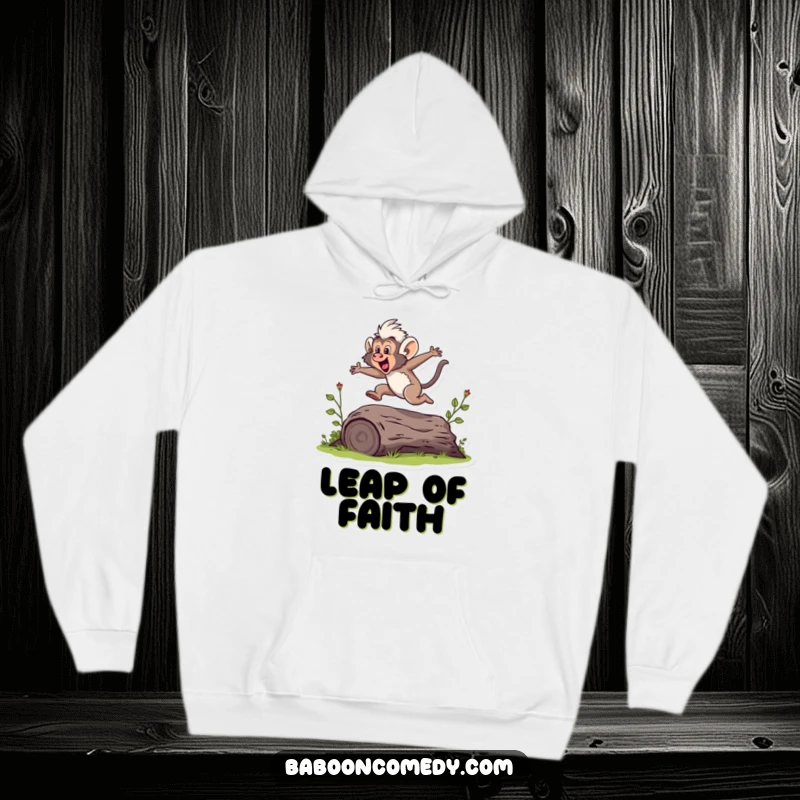 Funny hoodie with a baboon captured mid-jump over a log, symbolizing energy, movement, and playful action.