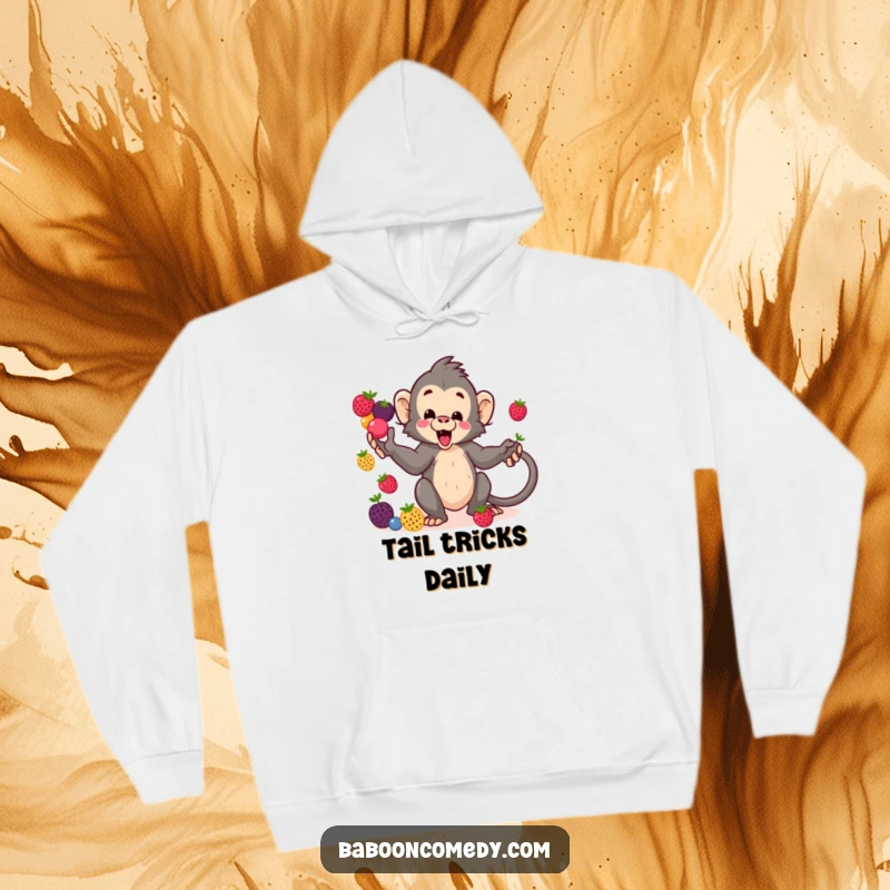 Funny kawaii baboon hoodie, a cute primate skillfully juggling a rainbow of berries with its tail, radiating pure joy and silliness.