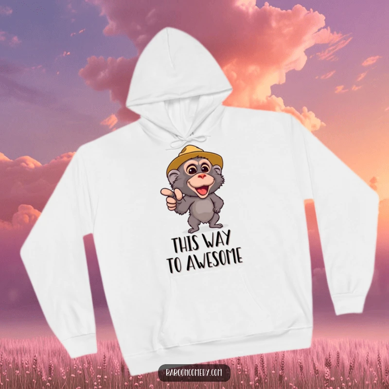 Funny Safari Baboon Hoodie: A cute baboon in a safari hat points forward, bringing warmth and humor. Perfect for cozy exploration.