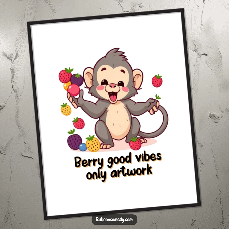 Funny Free Printable Wall Art: A charming kawaii baboon masterfully juggles a pile of colorful berries with its tail.
