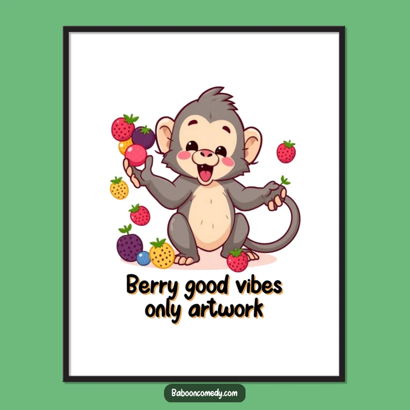 Free Printable Kawaii Baboon Juggling Berries Wall Art - Funny Downloadable Decor