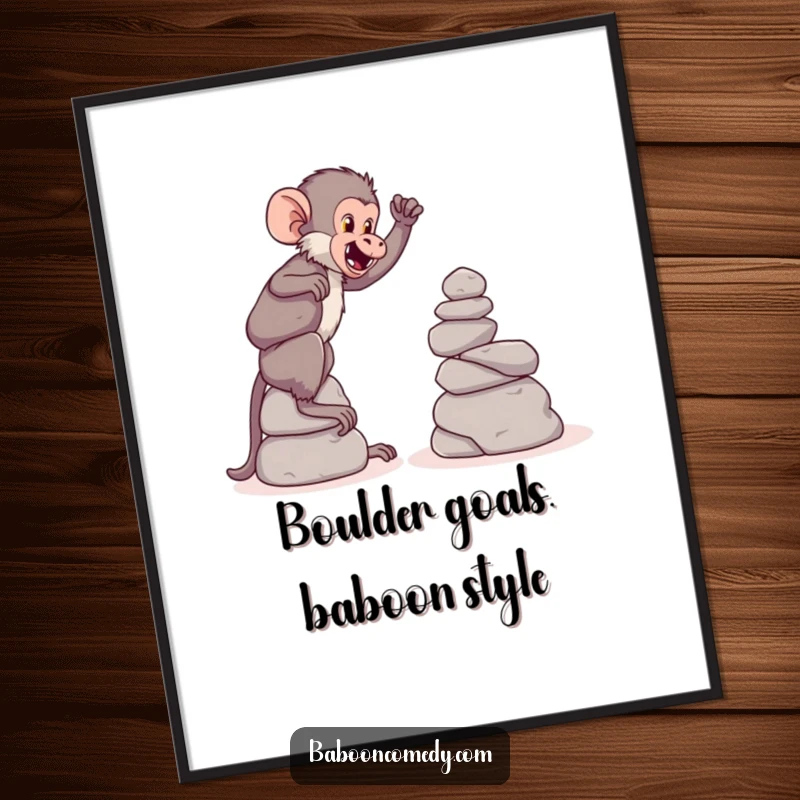 Funny Free Printable Wall Art: A baboon is constructing a precarious tower using large, smooth, round stones.
