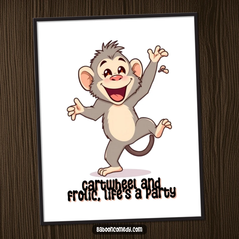 Funny Free Printable Wall Art: A baboon joyfully performing a cartwheel, bringing a vibrant and energetic vibe to any room.