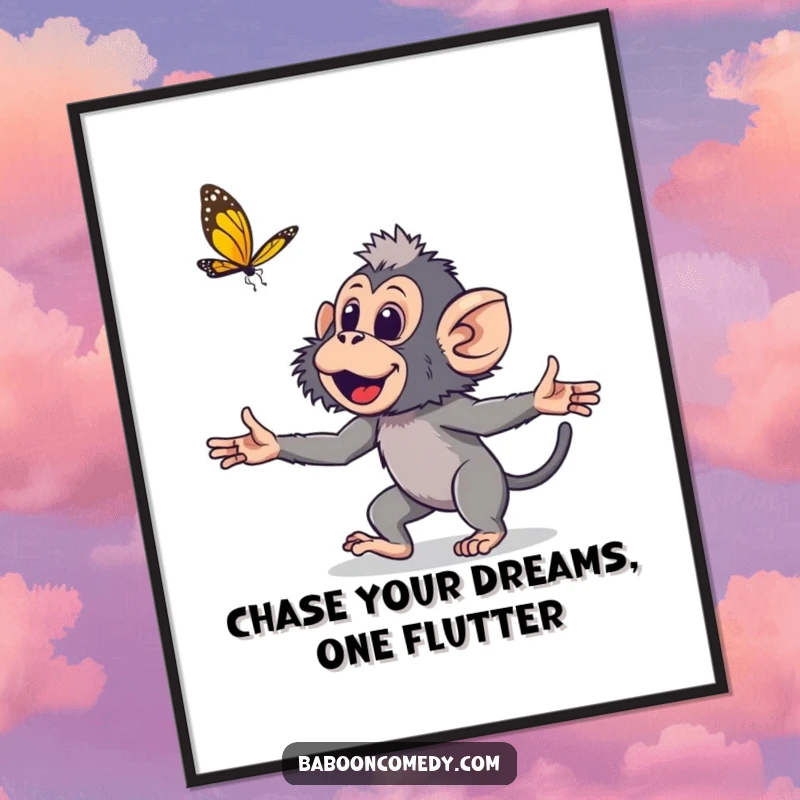 Funny Free Printable Wall Art: Young baboon in playful pursuit of a butterfly, captured in a moment of innocent joy.