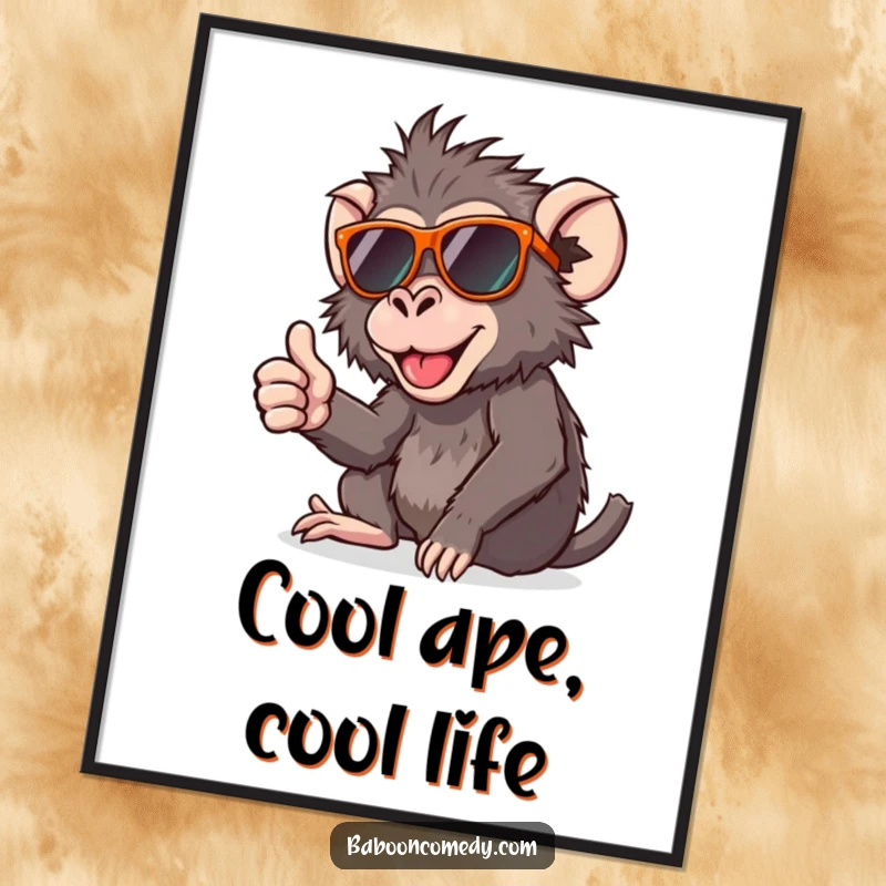 Funny Free Printable Cool Baboon Wall Art: A stylish baboon in sunglasses gives a cheerful thumbs up.