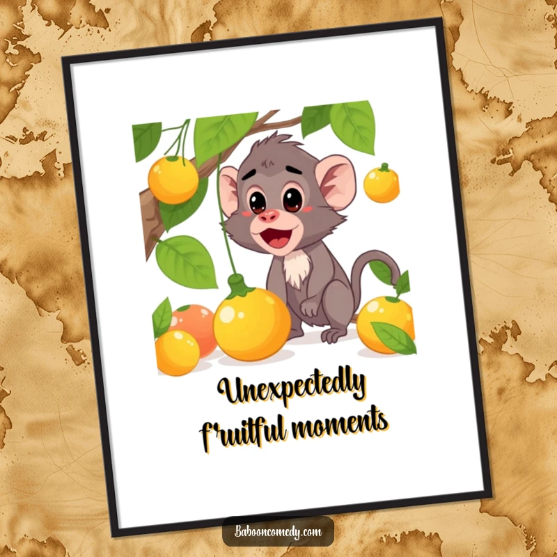 Funny Free Printable Baboon Wall Art: Baboon looking startled as a piece of fruit falls towards it. Humorous downloadable art.