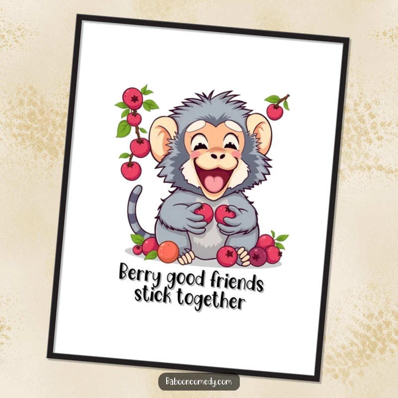 Funny Free Printable Wall Art: A cheerful baboon is excitedly sharing a pile of colorful berries with a friend, spreading good vibes.