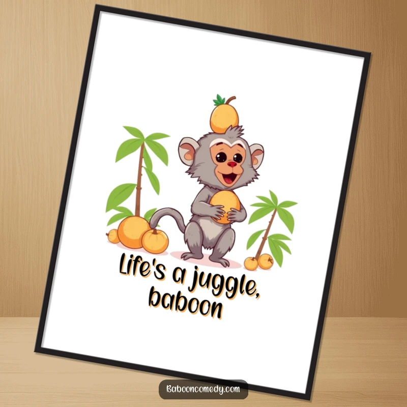 Funny Free Printable Wall Art: A cute kawaii baboon with wide eyes wobbling under the weight of a coconut stack.