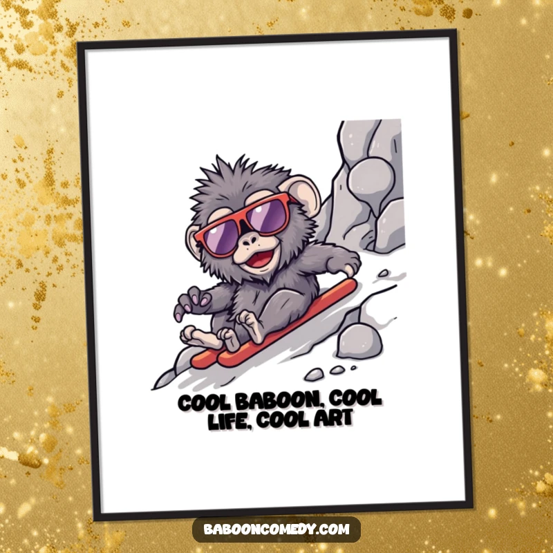 Funny Free Printable Wall Art: A kawaii baboon sporting cool sunglasses, confidently sliding down a rocky slope with style.