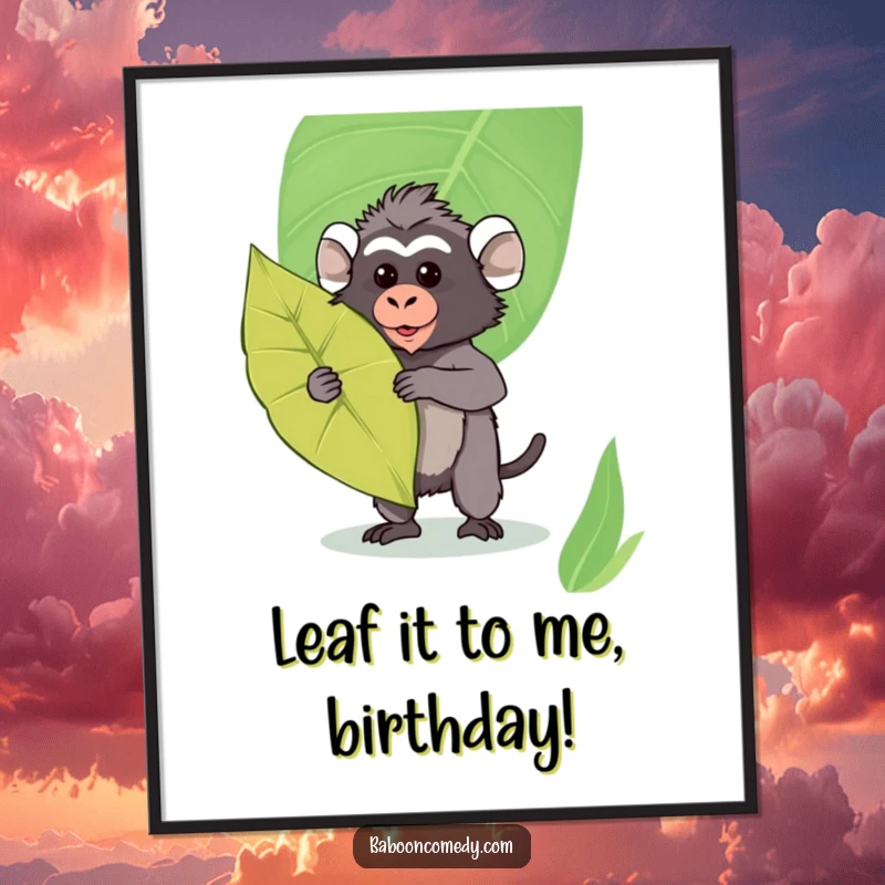 Funny Free Printable Wall Art: Kawaii baboon standing defensively with a large, stylized leaf as a shield.