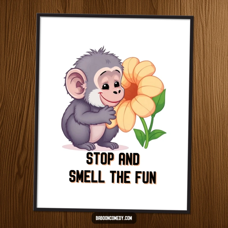 Funny Free Printable Wall Art: Adorable Kawaii baboon curiously observing a large, brightly colored tropical flower with delight.