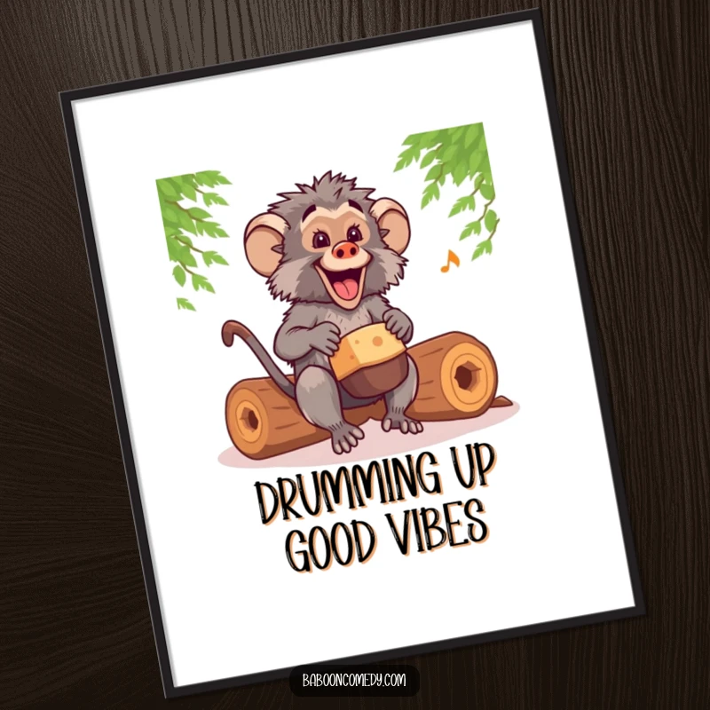 Funny Free Printable Wall Art: Kawaii baboon energetically drumming on hollow logs, radiating pure joy and a contagious happy tempo.