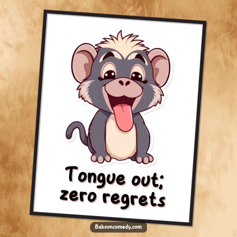 Funny Free Printable Wall Art: Kawaii baboon with a mischievous grin, sticking its tongue out in a playful, silly manner.