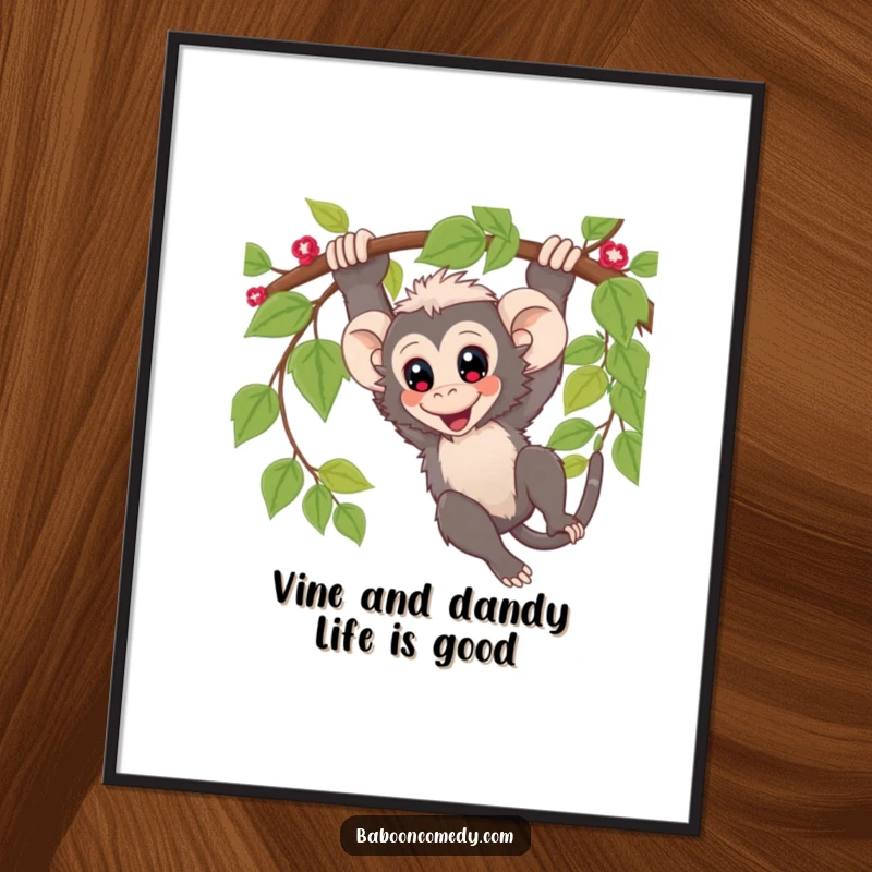 Funny Free Printable Wall Art: Kawaii baboon joyfully swinging from a thick vine, eyes wide.