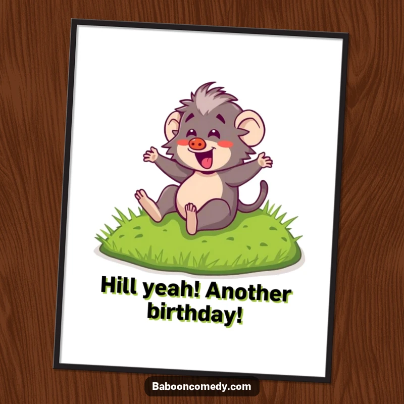 Funny Free Printable Wall Art: Kawaii baboon mid-slide down a grassy hill, radiating pure happiness and fun.