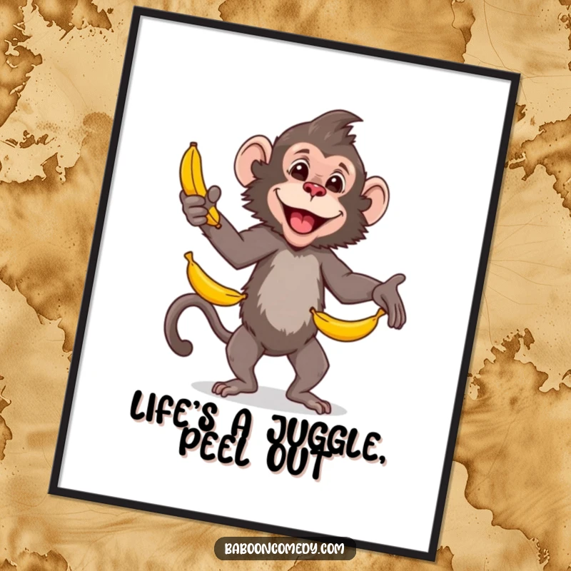 Funny Free Printable Wall Art: Baboon expertly juggling a pile of bananas, showcasing incredible skill and a happy demeanor.