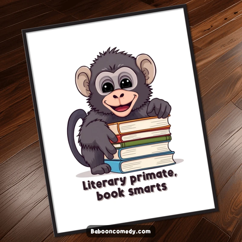 Funny Free Printable Wall Art: A mischievous baboon peeks over a stack of books, caught mid-giggle.
