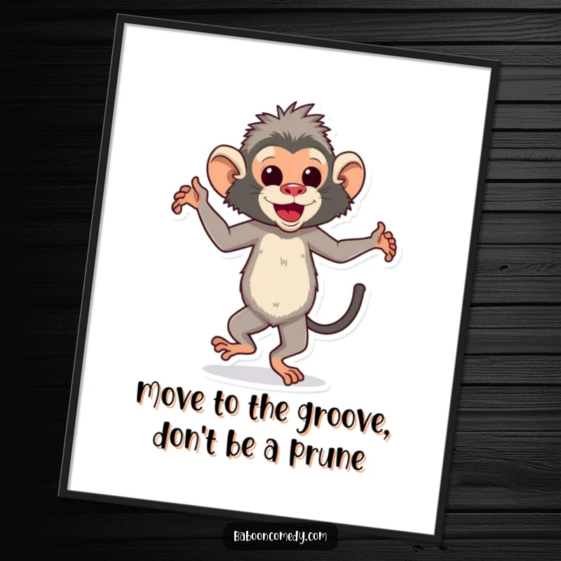 Funny Free Printable Wall Art of a joyous baboon dancing rhythmically with feet tapping, adding a lively vibe.