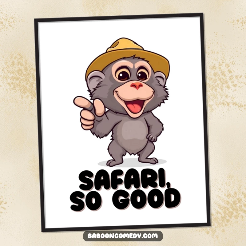 Funny Free Printable Wall Art: Cute baboon in safari hat pointing forward with an eager expression.