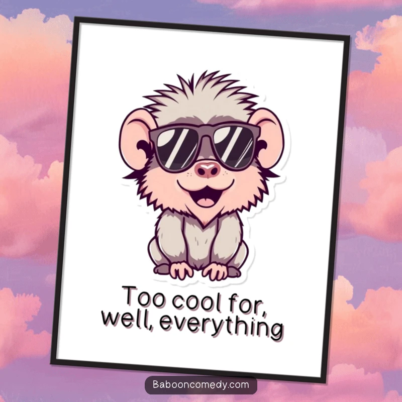 Funny Free Printable Wall Art of a cool kawaii baboon wearing stylish sunglasses, looking very hip and confident.