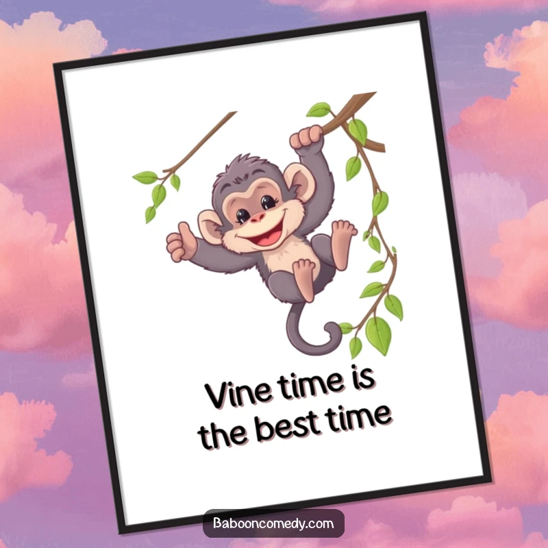 Funny Free Printable baboon wall art, mischievously swinging from a vine with a wide grin, jungle-themed downloadable decor.