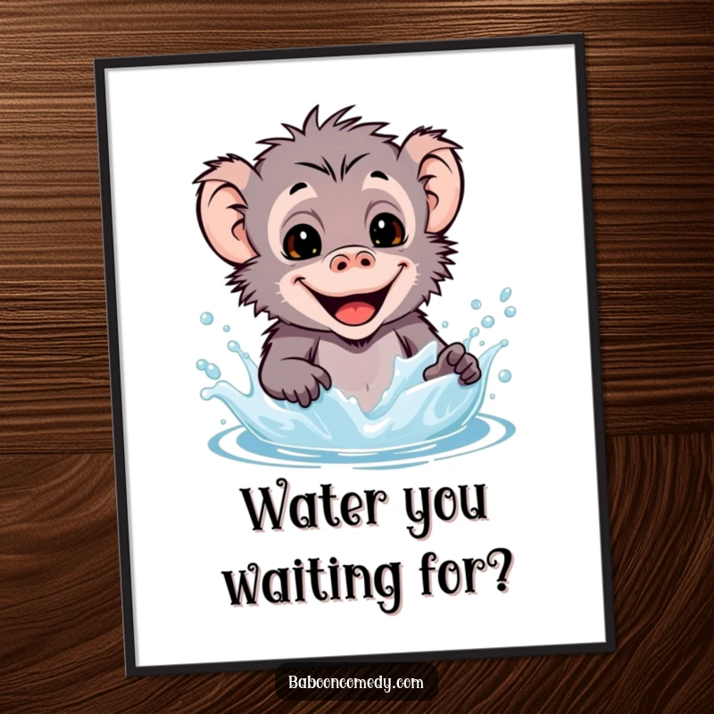Funny Free Printable Wall Art: A kawaii baboon with a huge smile gleefully splashing water around.