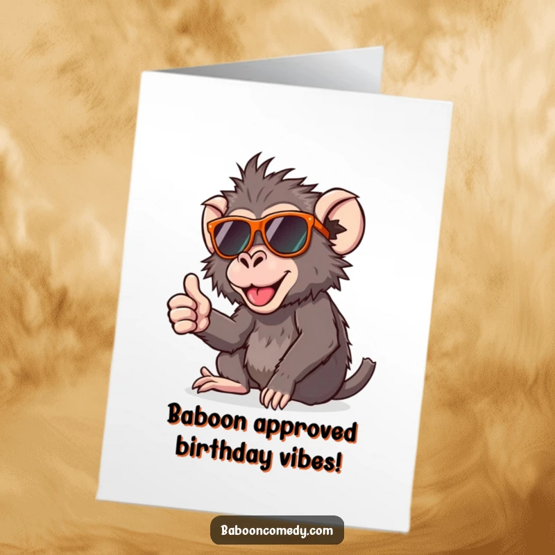 Funny Free Printable Baboon Birthday Card: A cool baboon in sunglasses gives a cheerful thumbs up.