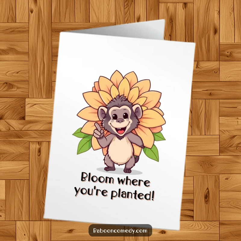 Funny Free Printable Birthday Card: A proud baboon points excitedly at a massive, vibrant, fully bloomed flower.