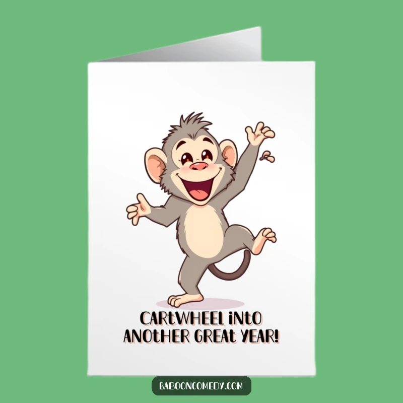 Free Printable Birthday Card: Funny Cartwheeling Baboon, Perfect Joyful Downloadable Gift