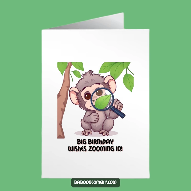 Free Printable Baboon Birthday Card: Curious Explorer, Magnifying Glass Humor Downloadable