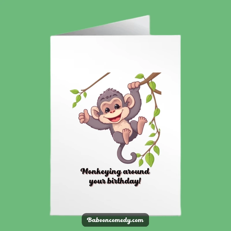 Free Printable Baboon Birthday Card: Funny Swinging, Mischievous Grin Cartoon Downloadable Gift