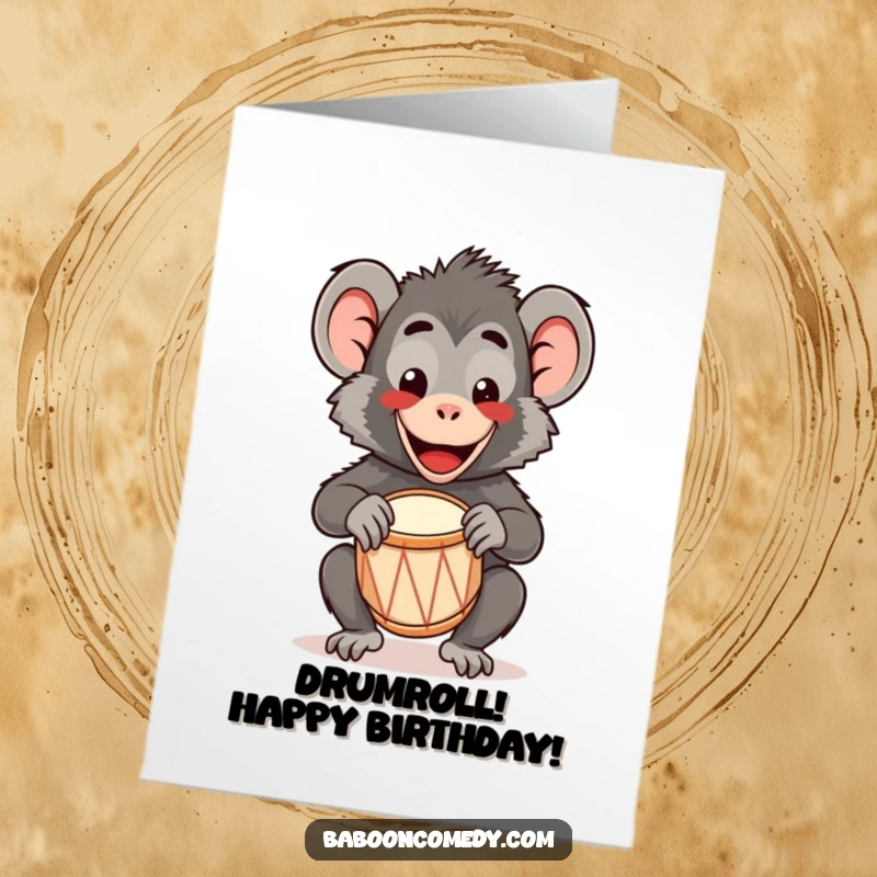 Funny Free Printable Birthday Card: a happy kawaii baboon plays a tiny drum with a wide smile.