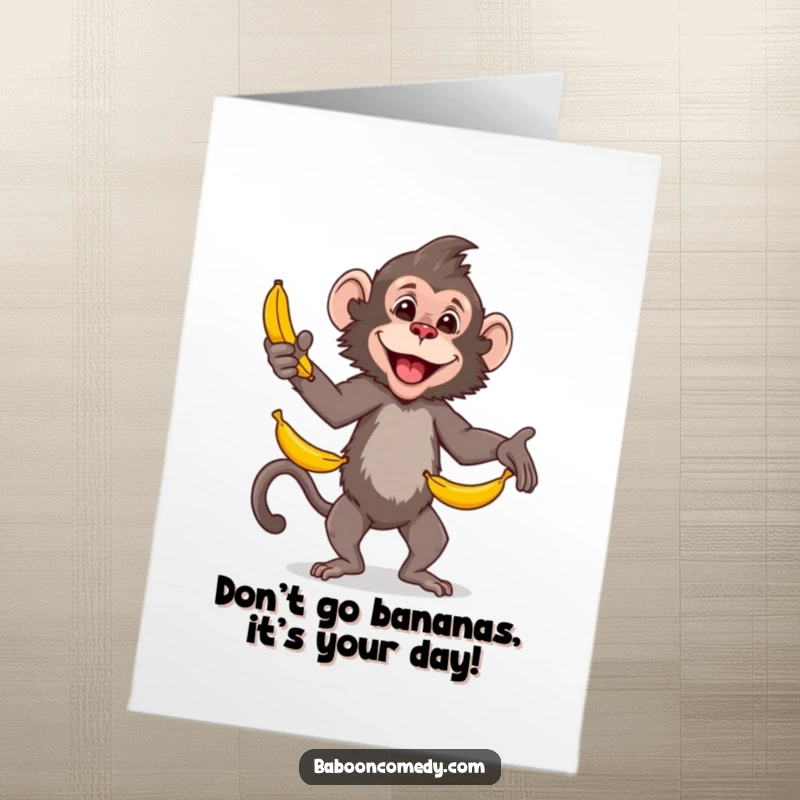 Funny Free Printable Birthday Card: Baboon skillfully juggling multiple bananas with a happy, confident expression.