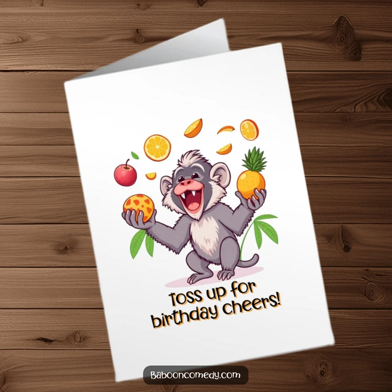 Funny Free Printable Birthday Card: Gleeful Kawaii baboon joyfully tossing colorful tropical fruits up and catching them.