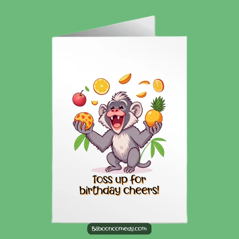Free Printable Birthday Card: Funny Kawaii Baboon Tossing Fruit - Joyful Celebration!