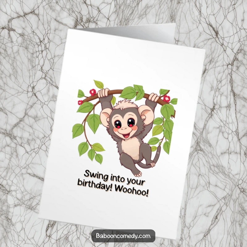 Funny Free Printable Birthday Card: Kawaii baboon gleefully swinging from a vine, wide excited eyes.