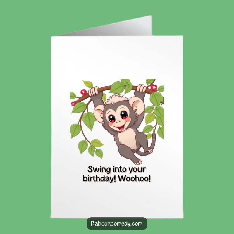 Free Printable Birthday Card: Funny Kawaii Baboon Vine Swing, Downloadable Gift