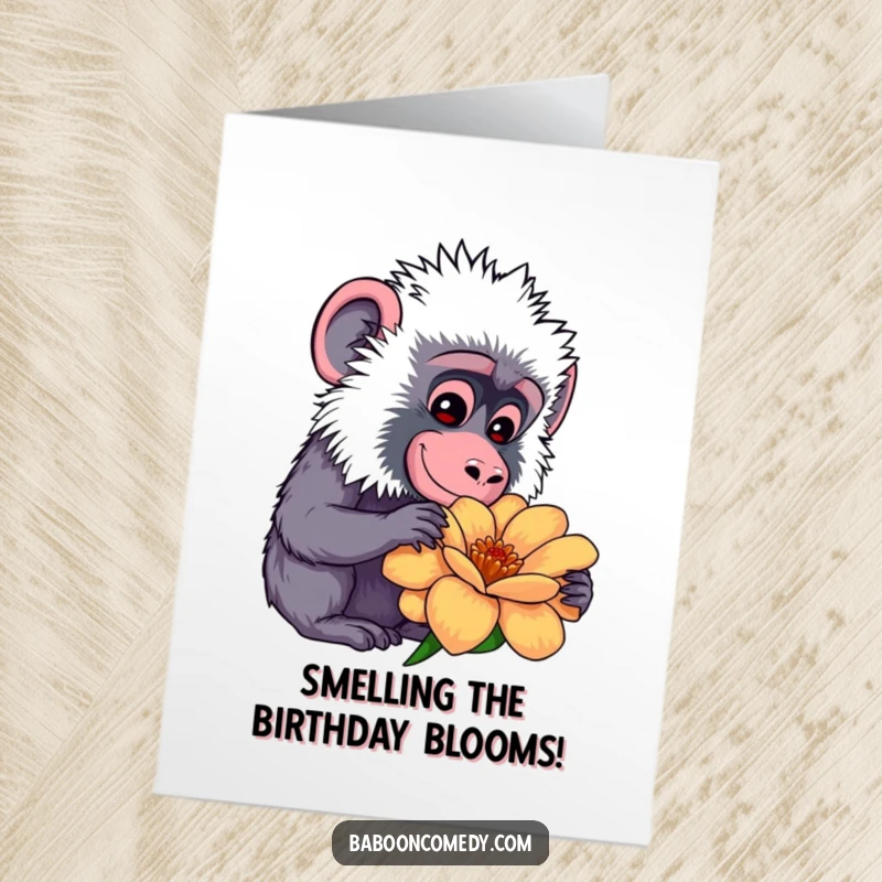 Funny Free Printable Birthday Card: Kawaii baboon with a gentle smile curiously sniffing a large, vibrant flower, celebrating with sweet delight.