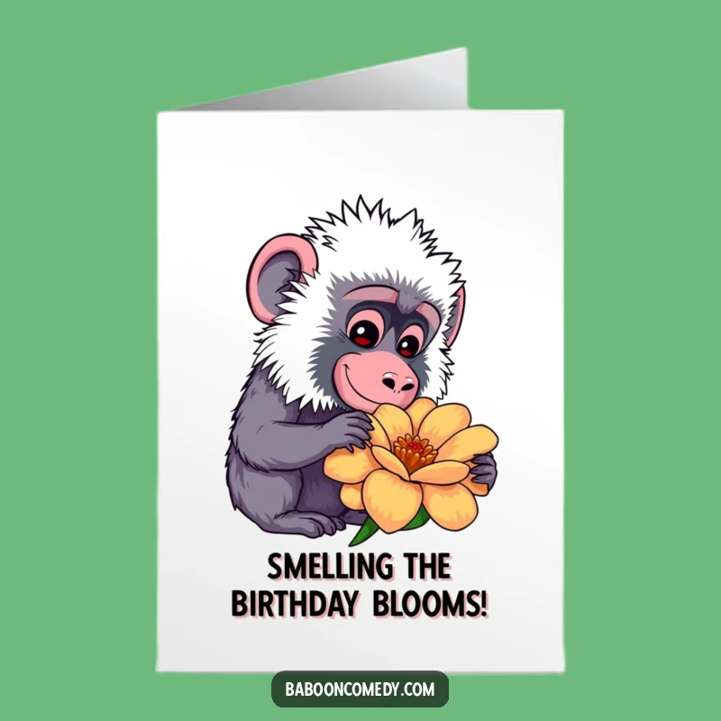 Free Printable Birthday Card: Kawaii Baboon Smelling Flowers for a Blooming Celebration!