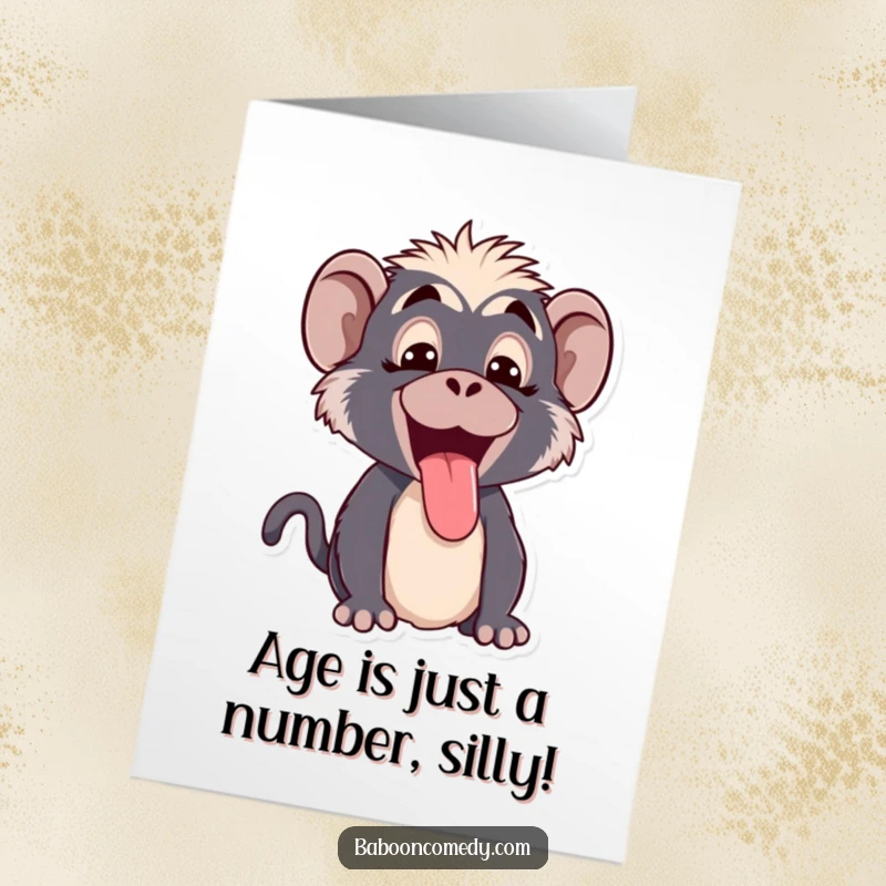 Funny Free Printable Birthday Card: Kawaii baboon making a comical face and playfully sticking its tongue out.