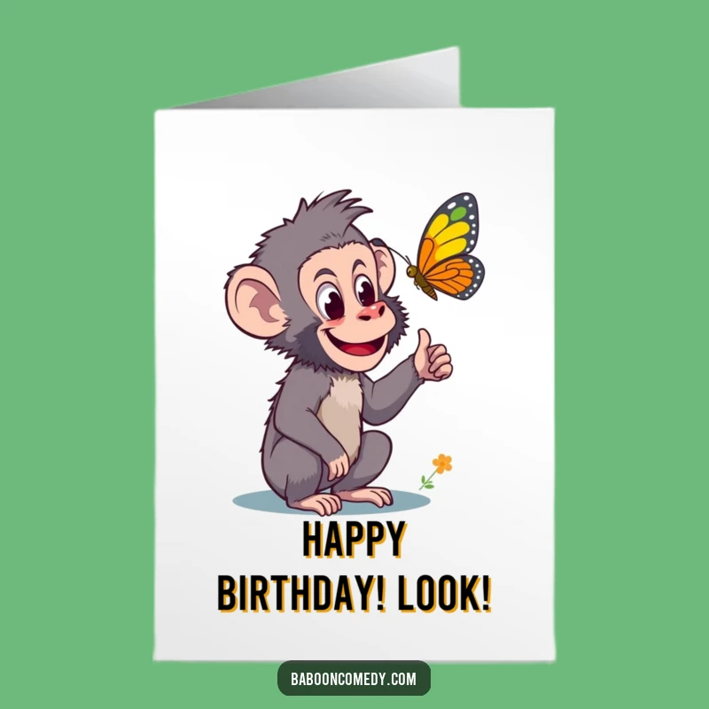Free Printable Curious Baboon Birthday Card: Butterfly Fun & Laughter!