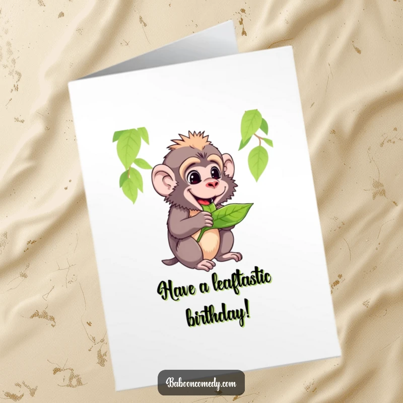 Funny Free Printable Birthday Card: A content baboon is happily munching on a large, delicious-looking green leaf.