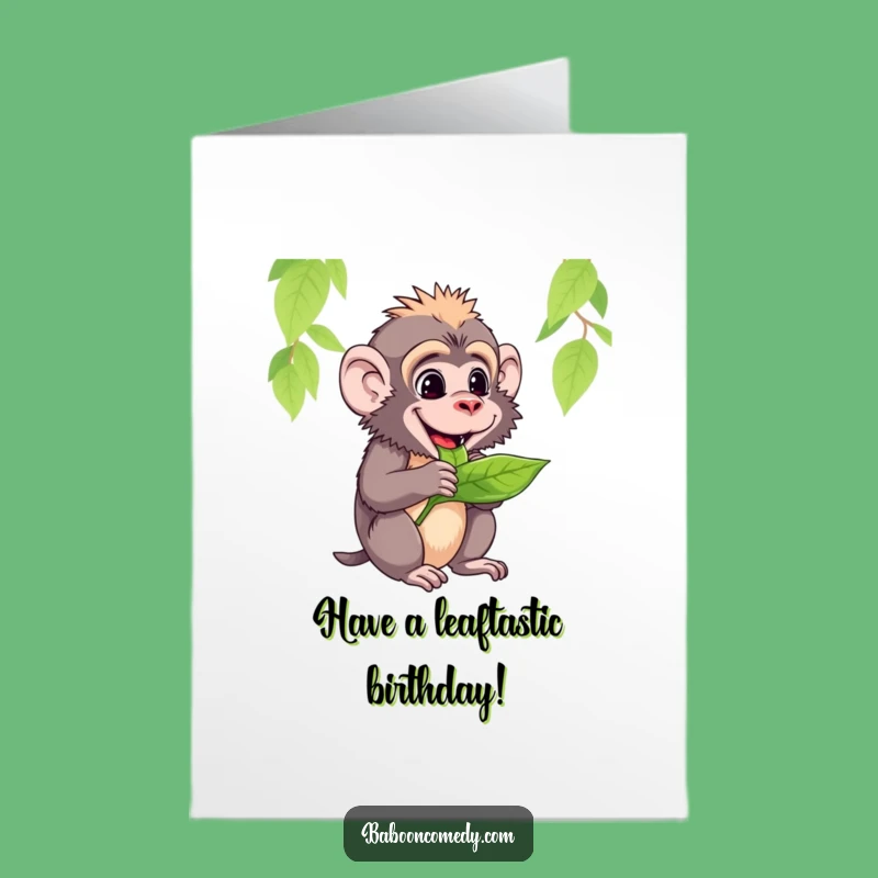 Free Printable Funny Baboon Birthday Card: Leafy Delight, Perfect Downloadable Gift